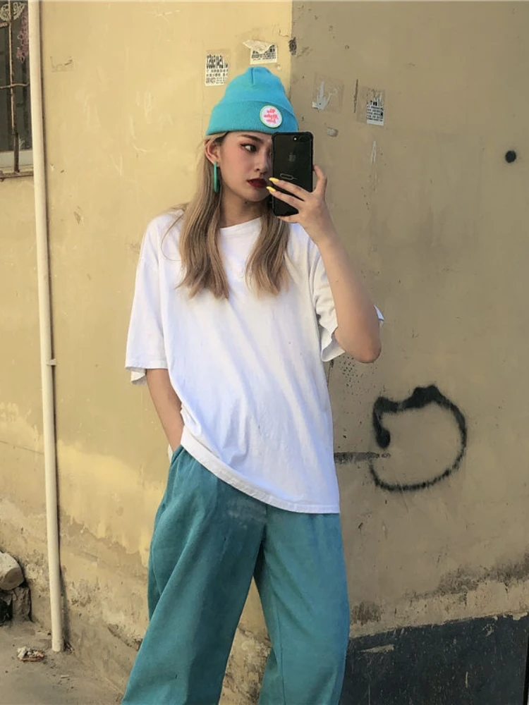 HOUZHOU Blue Corduroy Pants Women Korean Style 2021 Fashion Oversize Straight Summer Streetwear Kpop Wide Leg Trousers Female