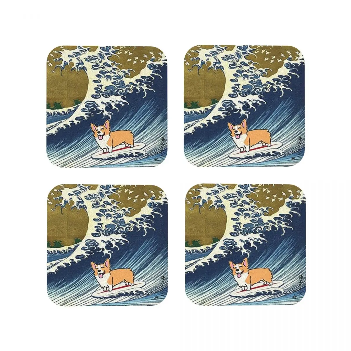 Corgi Dog Surfing The Great Wav Coasters Kitchen Placemats Non-slip Insulation Cup Coffee Mats For Home Tableware Pads Set of 4