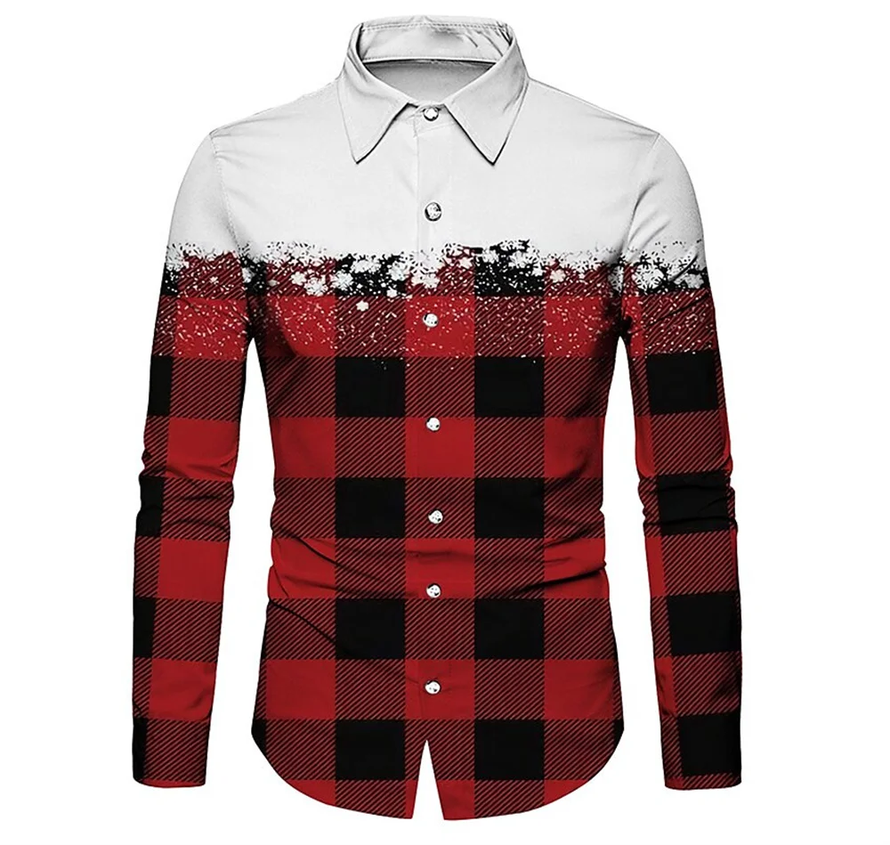 

2024 Christmas Checkered men's Shirt With Collar And Long sleeves, Party Christmas Dress Style shirt, 3D Printed button, Comfort