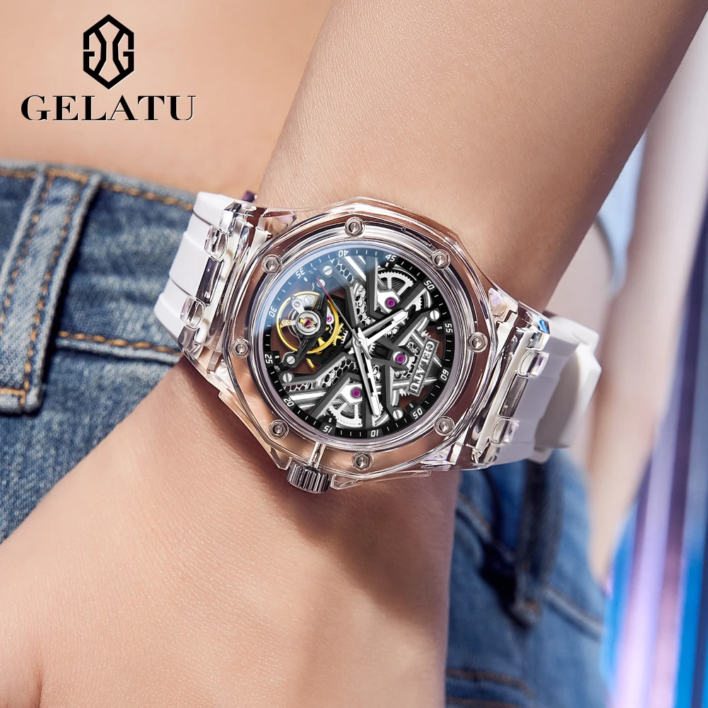 GELATU 8002 Hohl Herren Automatische Mechanische Uhr Top Luxus Transparente Lünette Silikon Wasserdichte Uhr Neue Männer Sport Uhr