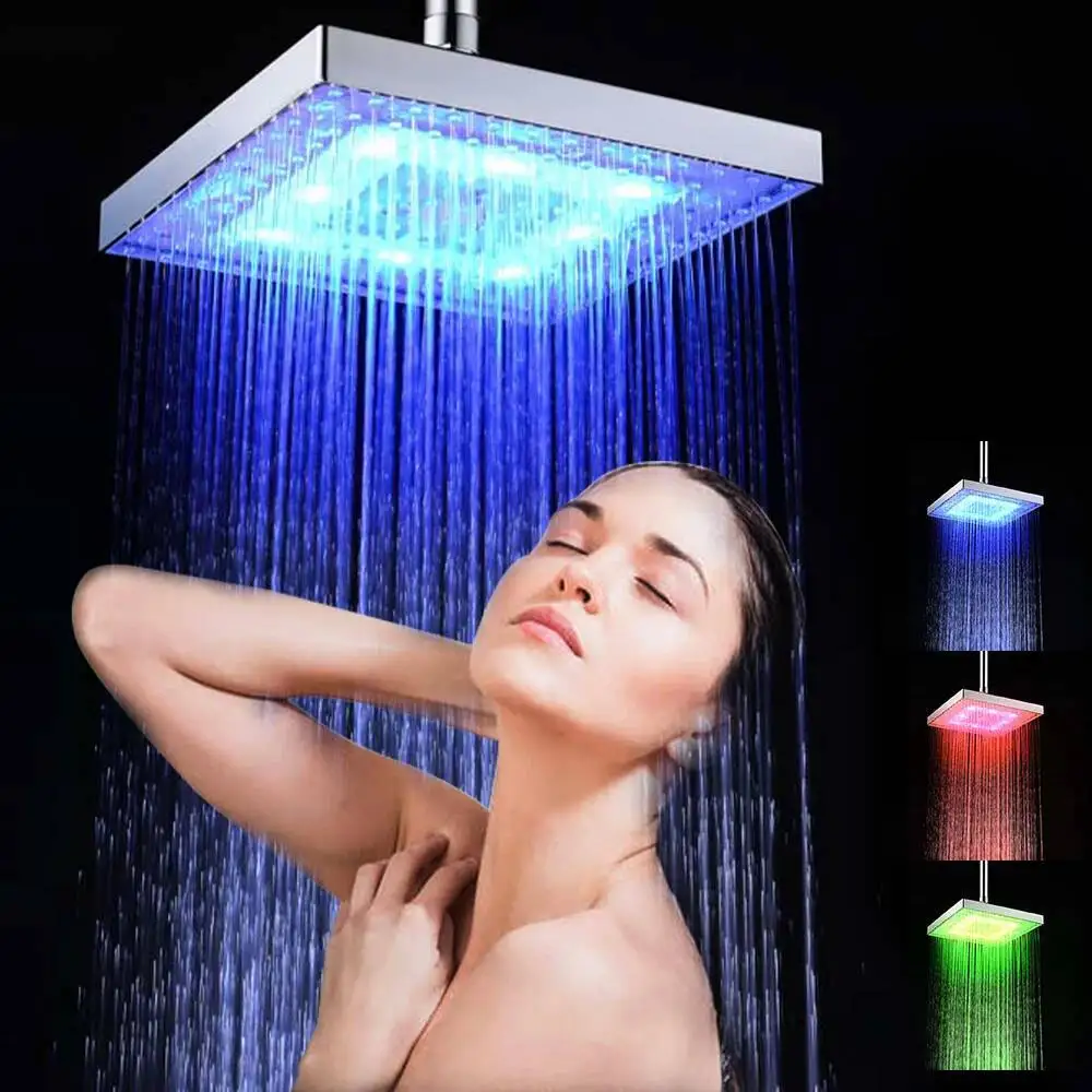 

Rainfall With Light Square Shower Head Auto RGB Color-Changing Temperature Sensor Showerhead For Bathroom