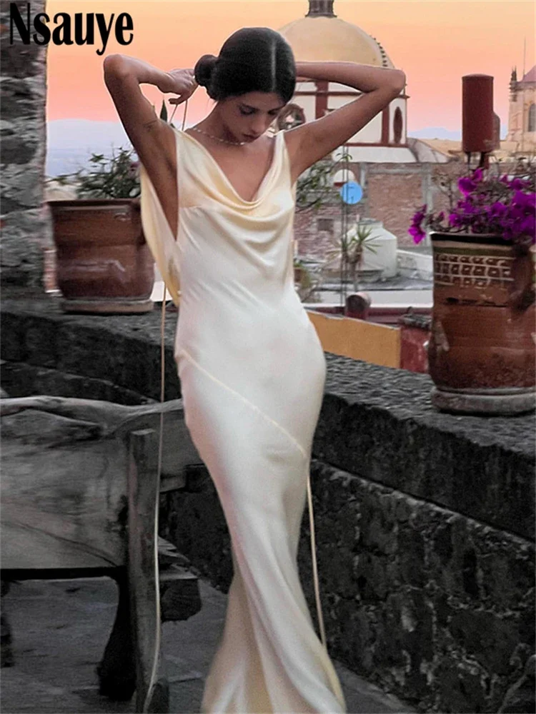 Nsauye Backless Sexy Elegant Slim Satin Long Dresses For Women Clothing Evening Party Club Sleeveless Maxi Dress Summer 2022