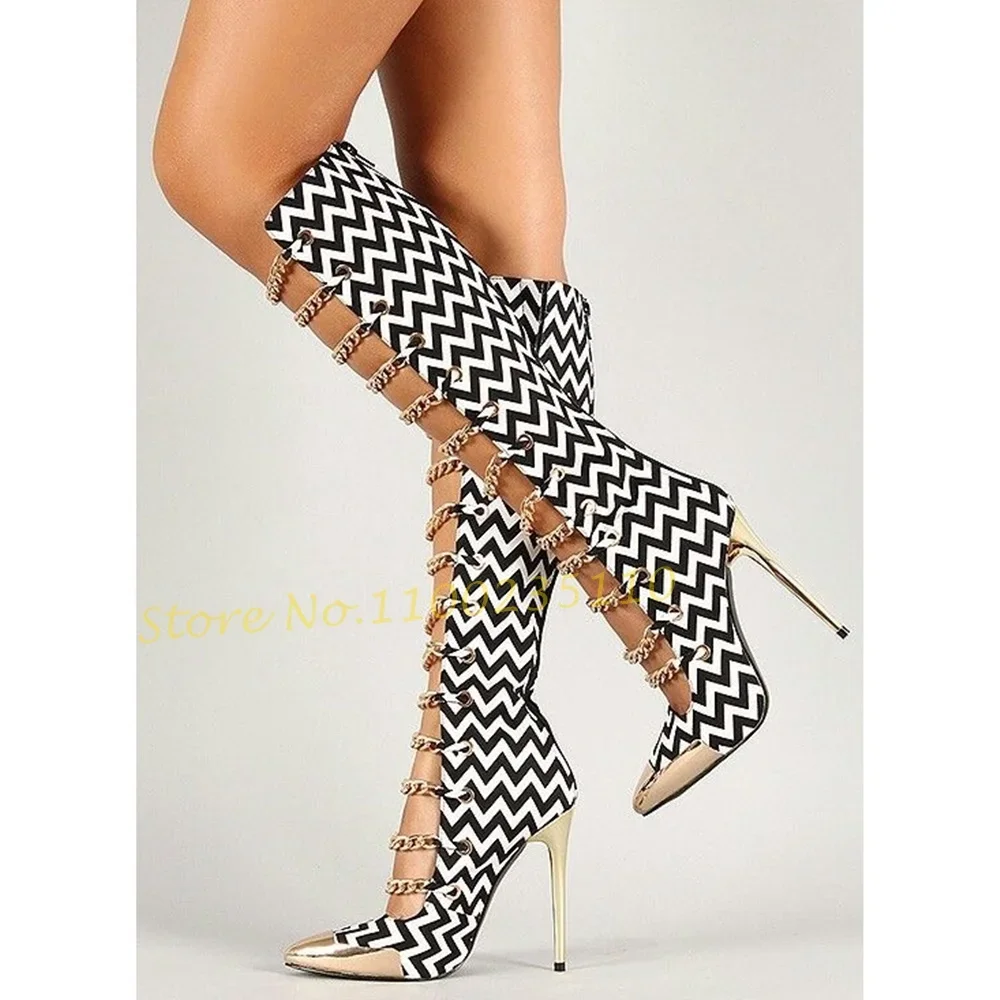 

Босоножки женские с металлическим носком, сандалии-гладиаторы с цепочкой и полосками зебры, пикантные высокие модные ботинки белого и черного цвета, на осень