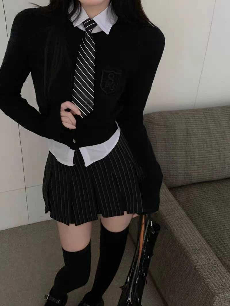 Korean American Hot Girl JK Uniform Sets Daily Black Suits 4-piece Set Tie High Waisted Pleated Skirts Women Knitted Cardigan