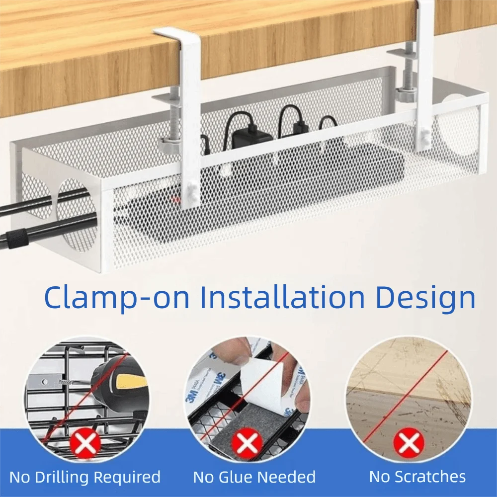 Carbon Steel Under Desk Wire Management Tray No Drilling Space Saving Data Wire Storage Rack with Clamp Metal Cable Tray