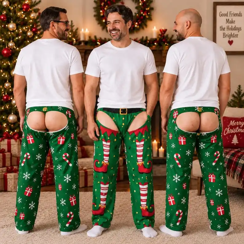 Men's Personalized Christmas Pajamas with Fashionable Printed Soft Holiday Pajamas and Fun Gingerbread Printed Pants