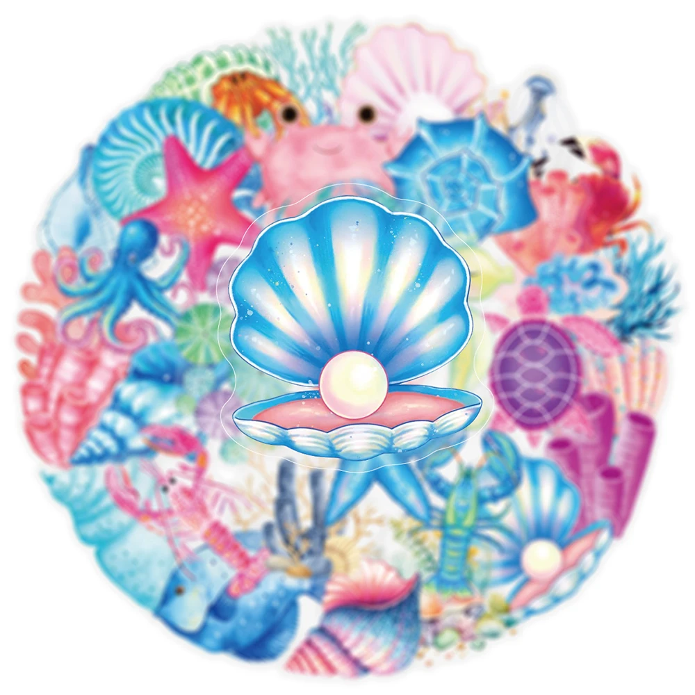 10/30/50pcs Transparent Cute Marine Animals Aesthetic Stickers Cartoon Shell Octopus Coral Decal DIY Notebook Guitar PET Sticker