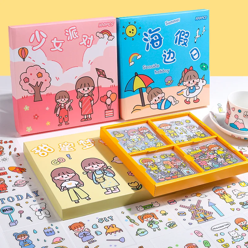 

CHEN LIN 100 Sheets Girl Cartoon Handbook Stickers Student Paper Sticker Bag Diary Planner Decoration Sticker Album Scrapbooking