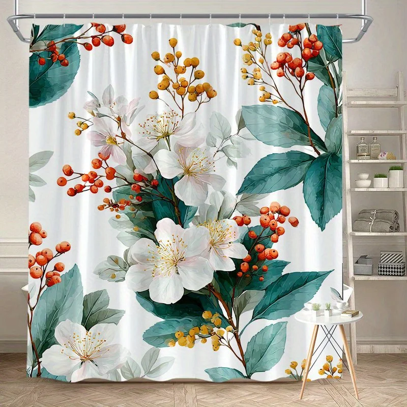

1 шт., занавеска для душа с белыми цветочными оранжевыми ягодами — полиэфирная ткань, можно стирать в машине, подходит для украшения ванной комнаты