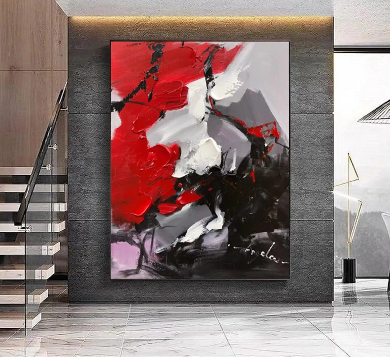 Imagem -03 - Grande Original Pintura Abstrata Contemporânea Sala Decoração Pinturas a Óleo Vermelho Preto Pintura Cinza Oversized Arte Pós-moderna