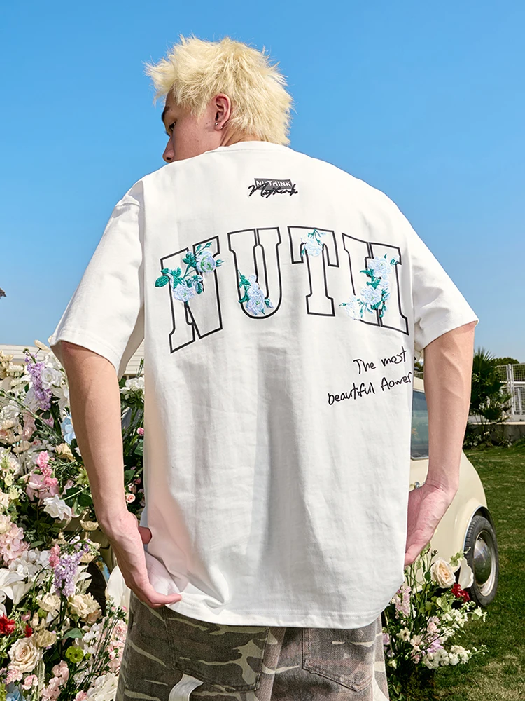 

Футболка Nuthink с вышивкой в виде цветов, плотная, свободного кроя, повседневная, летняя, модная, трендовая, брендовая, с круглым вырезом