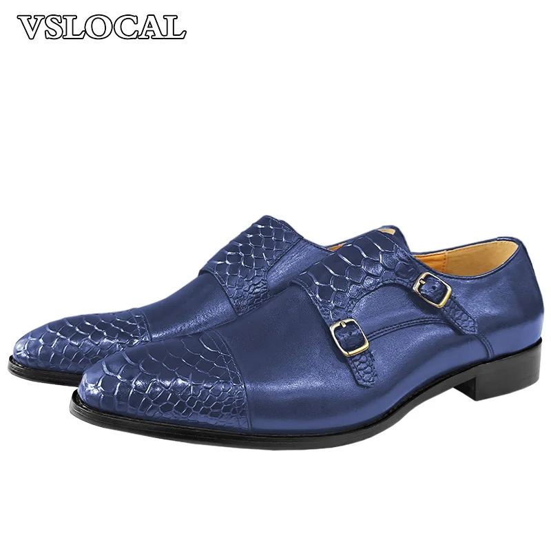 

Luxury Men's Loafers Shoes Snake Prints Formal Dress Mens Casual Shoes Blue Black Real Leather Double Monk Shoes For Men