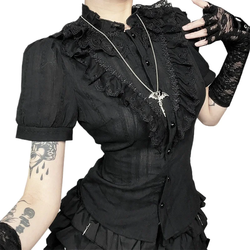 

Y2K Sweet Lolita Хлопковые рубашки Винтажные черные рубашки с короткими рукавами и рюшами с кружевной отделкой Женские блузки Готический эстетический корсет на пуговицах Топ