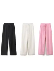HH Spring Women Casual Straight Pant Sweet Pink Drawstring Loose Trousers 2024 New Fashion Solid Woman Jogging Pants