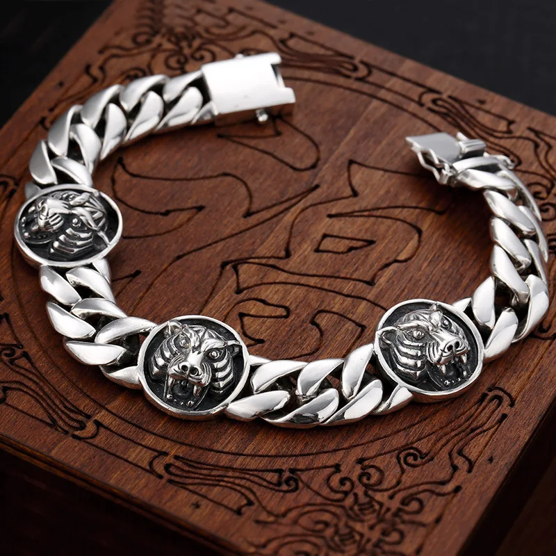 925 sterling silver men bracelet thick tiger head domineering thai silver fashion retro distressed stylishtrendy jewelry