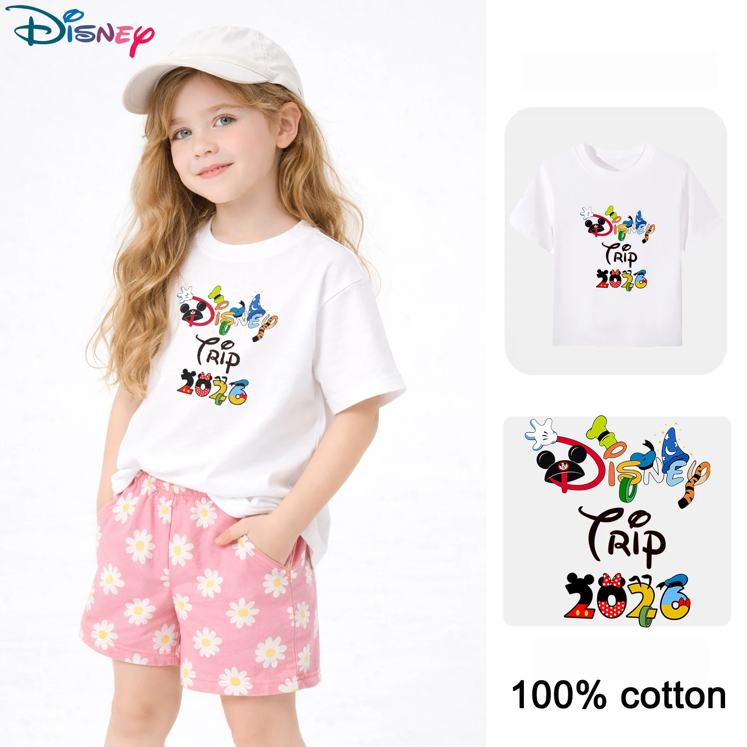 

Детская футболка Disney 2026 Family Vacation Souvenir, 100% хлопок, с круглым вырезом и короткими рукавами, с рисунком, для мальчиков и девочек, черный/белый цвет
