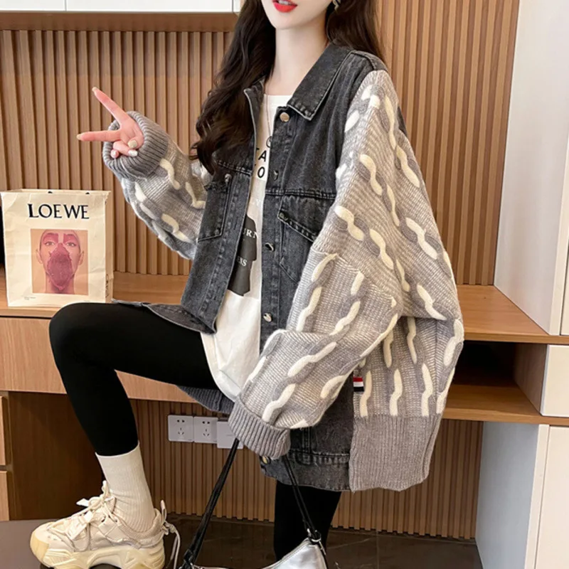 #4033 False Two Piece Cardigan Coat Women Batwing Sleeve Streetwear Knitted Spliced Denim Sweater Coat Female Loose Thick Warm