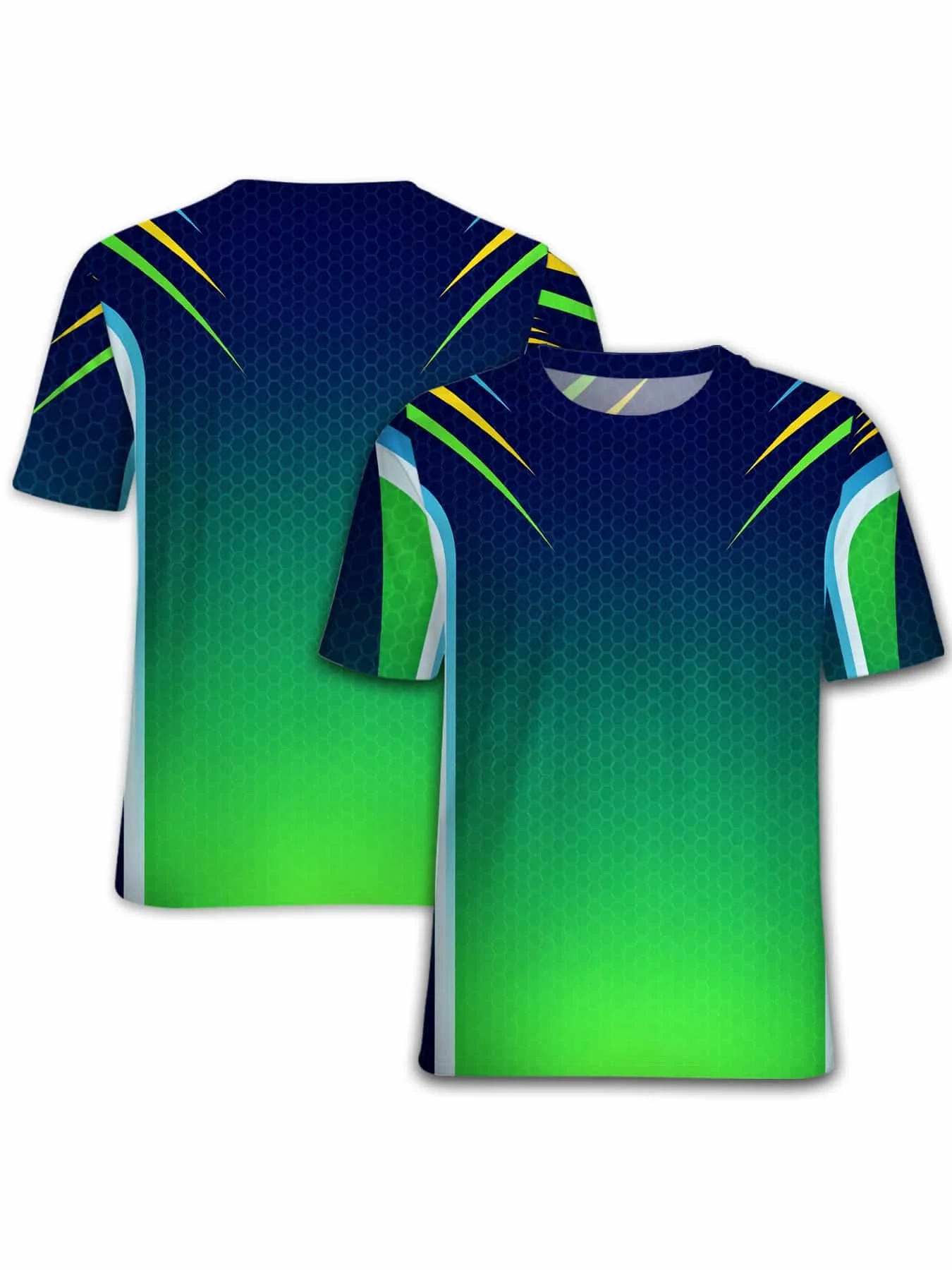 Men High Elastic Quick Dry Sports Compression Shirt Blue Green Gradient Honeycomb Mesh Print Short Sleeve Training Running Top