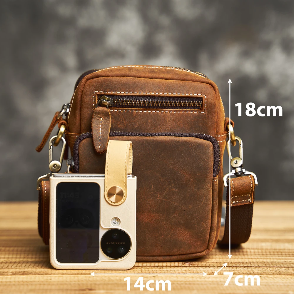 Genuine Leather Men\'s Shoulder Bag Vintage Style Small Satchel Large Capacity Waist Bag Mobile Phone Bag Crossbody Bag