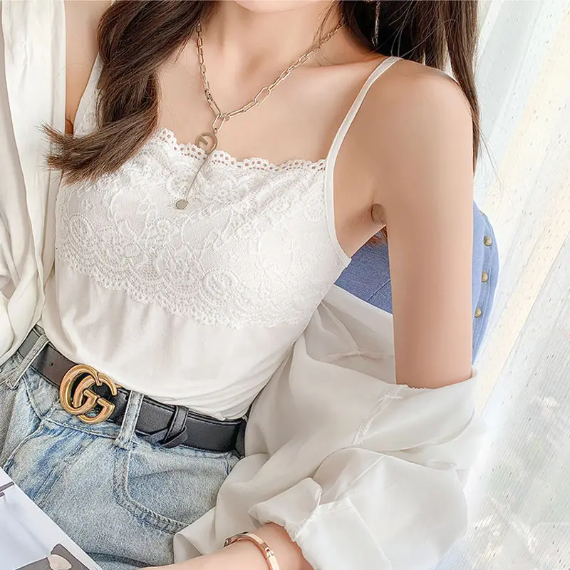 

White Lace Sling Camisole For Women Crop Tops Sleeveless Vest Spring Summer Female Slimming Tanks Casual T-Shirt Underwear