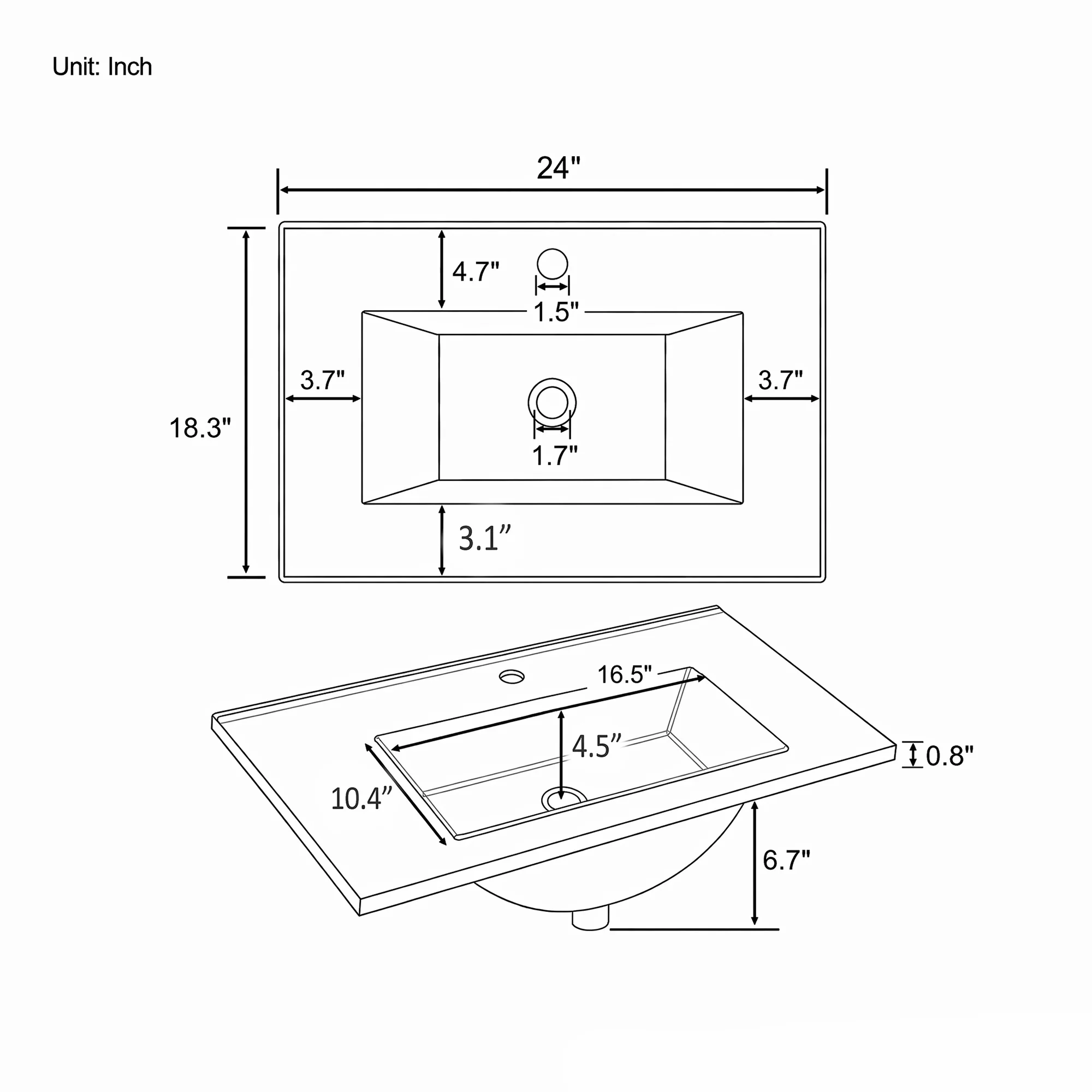 24 Inch Ceramic Bathroom Sink, Ultra-Thin 0.8