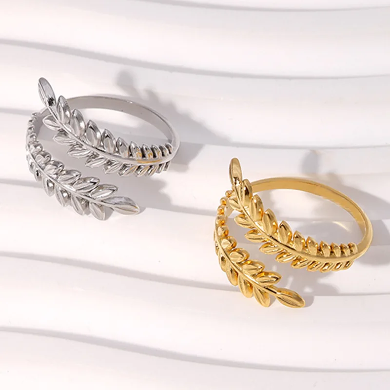Fashionable Waterproof Wheat Leaves Intertwined Open Ring Gold and Silver Ring Decoration for Women To Wear on Date Parties