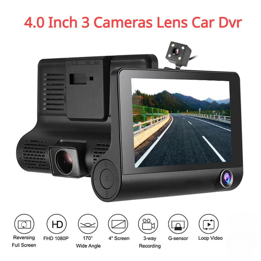 3 Cameras In-car Recording Camera 170 ° Wide Angle Front Record G-Sensor Dash Cam for Cars 4 Inch Surveillance Black Box Reverse