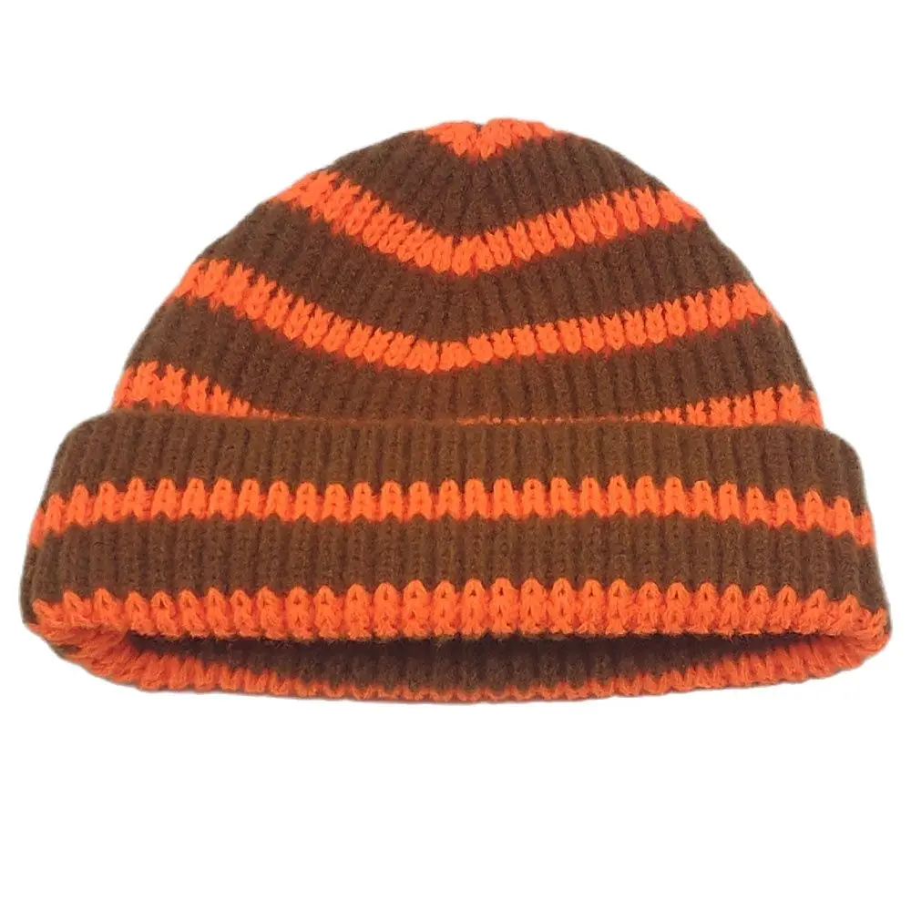 3-10 Years Children Short Knitted Striped Hat Winter Beanies for Boys Girls Warm Cuff Cap Orange Lime Green Hot Pink