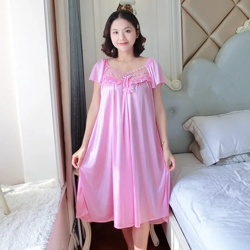 

Ladies Ice Silk Nightgowns Sleeping Dress Medium Length Short Sleeve Nightdress Sexy Sleepwear Home Wear Loungewear Pyjama Femme
