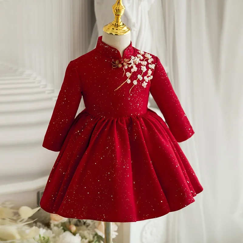 

Red Chinese Cheongsam Dress Baby Girls First Birthday Party Gown Long Sleeve Flower Girl Children Princess Formal Banquet Dress