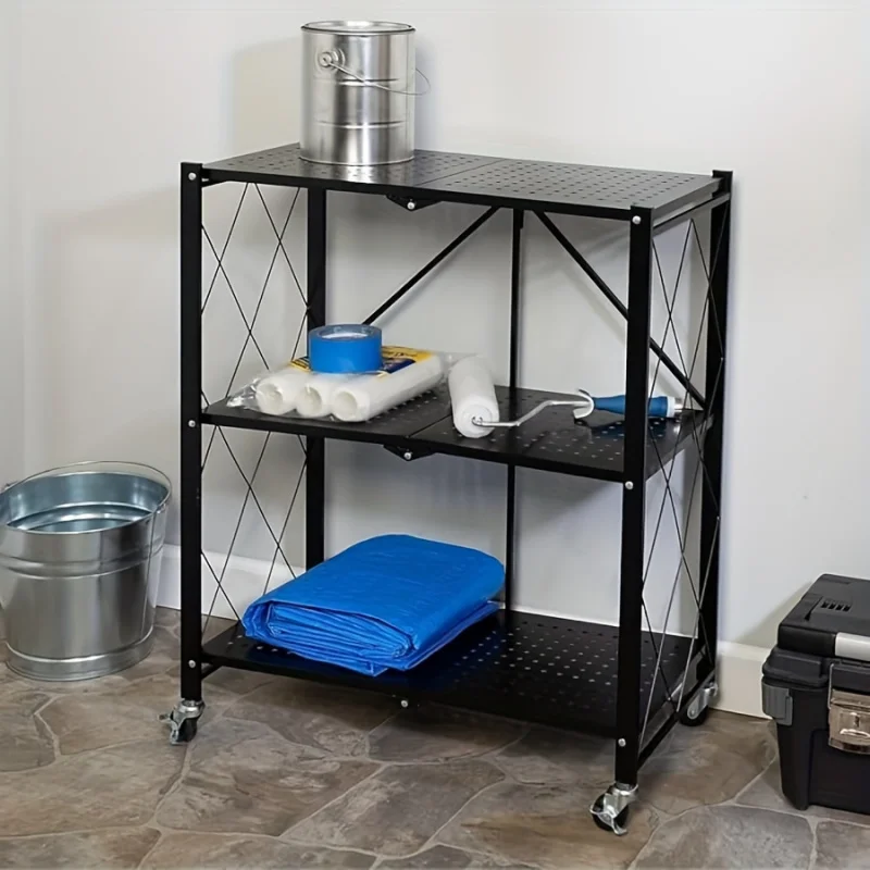 Heavy Duty Foldable Metal Storage Rack - Save Space，with Wheels，Hook，No Assembly Required