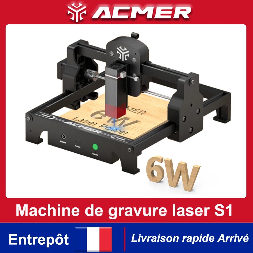 ACMER S1 6W Mini graveur laser portable, petit outil de gravure et de découpe laser, machine DIY pour logo, bois, cuir, acrylique, débutant