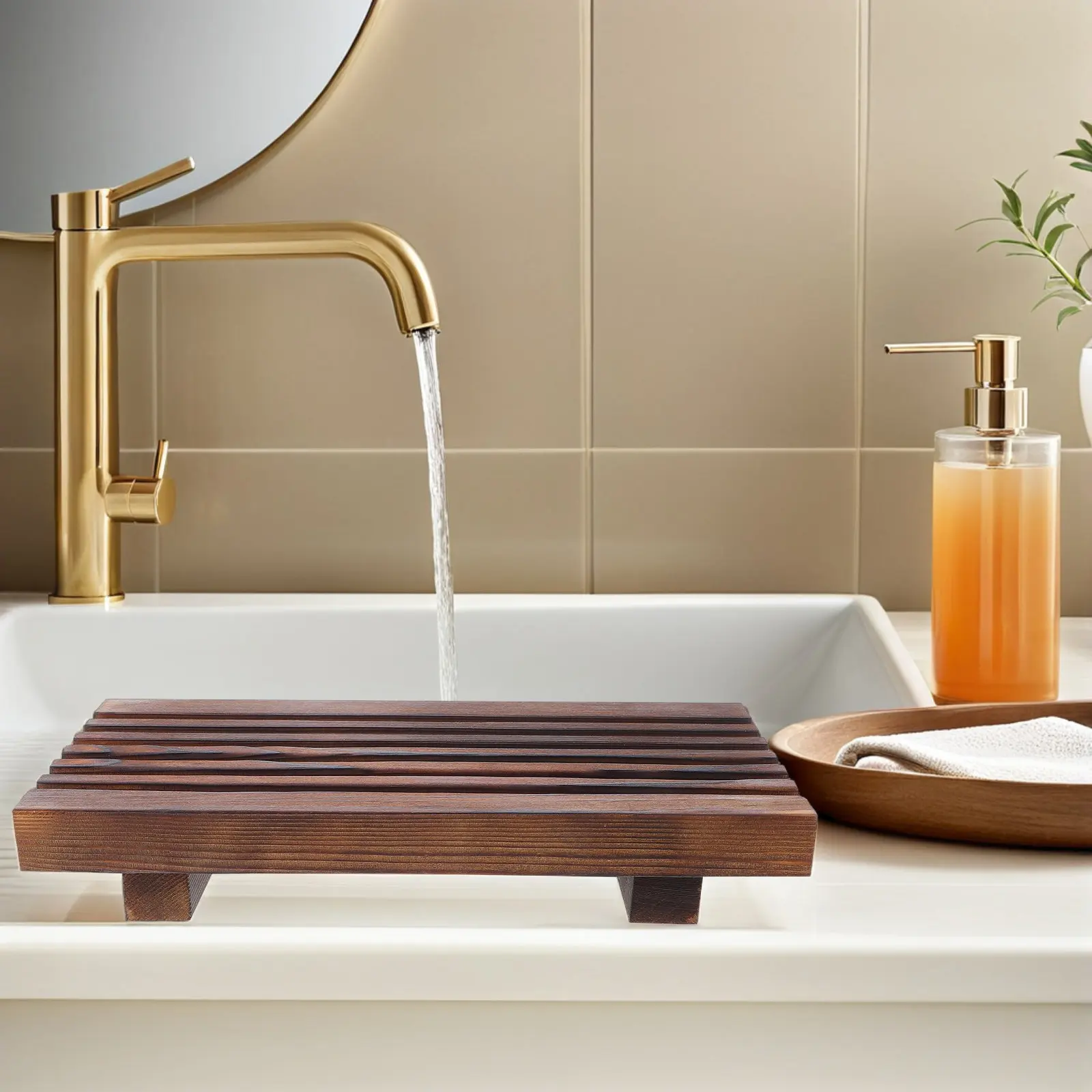 Rustic Wood Bathroom Tray Wooden Vanity Tray Countertop Organizer Soap Dish Stand Decorative Wood Riser Sink Accessories