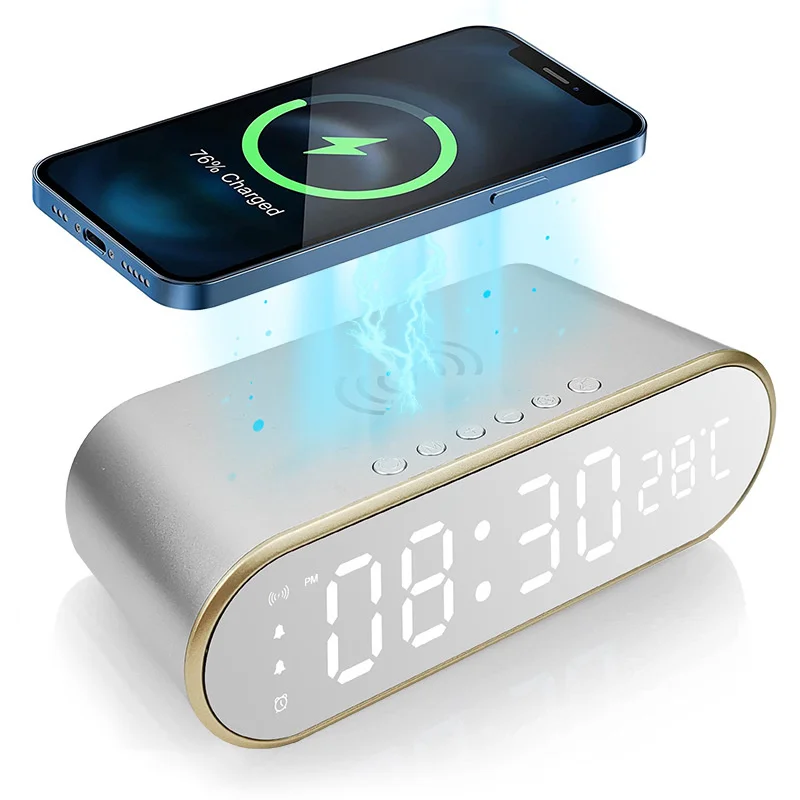 LED Electric Alarm Clock With Wireless Charger Desktop Digital Despertador Thermometer Clock HD Mirror Clock Watch Table Decor