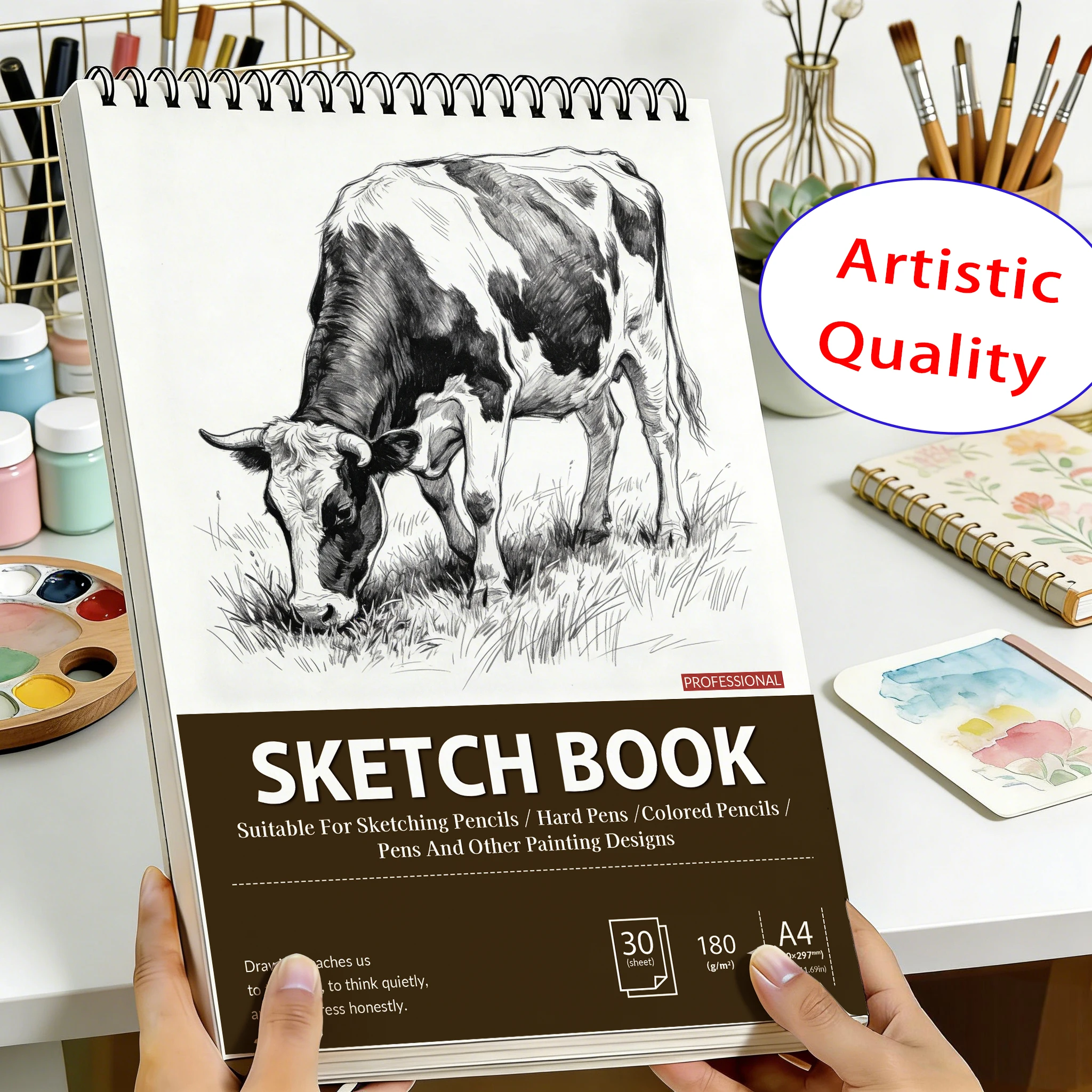 Cuaderno de Dibujo Espiral A4, 180 g/m², Cubierta con Diseño de Vaca Holstein, 30 Hojas, Bloc de Arte Libre de Ácido para Regreso a Clases y Regalos