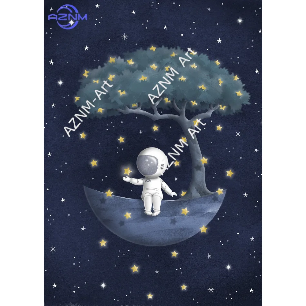 1 Stück Cartoon-Astronaut Weltraum-Themenposter mit Mond und Sternen, Marineblaue Sternenhimmel-Wanddekoration, Weltraum-Leinwandbild für Kinderzimmer