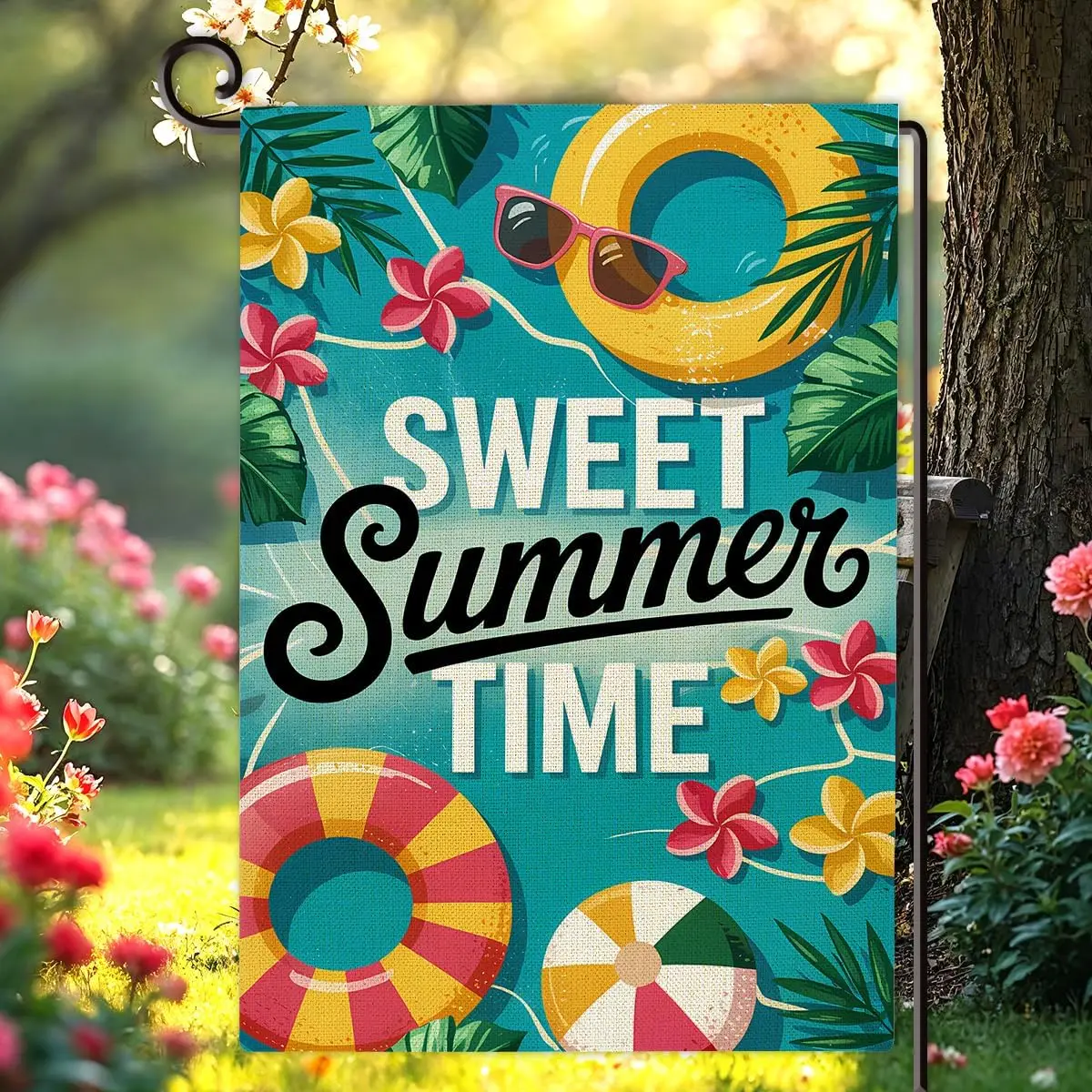 Sweet Summer Time Pool Garden Flag Double Sided 12 X 18 Inches Summer Burlap House Flag Outdoor Seasonal Decorations for Yar yyi