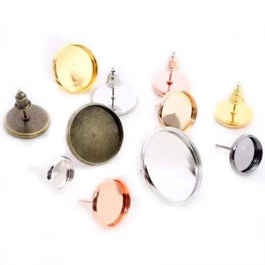 Wysokiej jakości 6-12/14/16/18/20mm 8 kolorów pozłacane ze stali nierdzewnej kolczyk szpilki (z zatyczki do uszu) podstawa, pasuje do 6-20mm szkło Cabochons