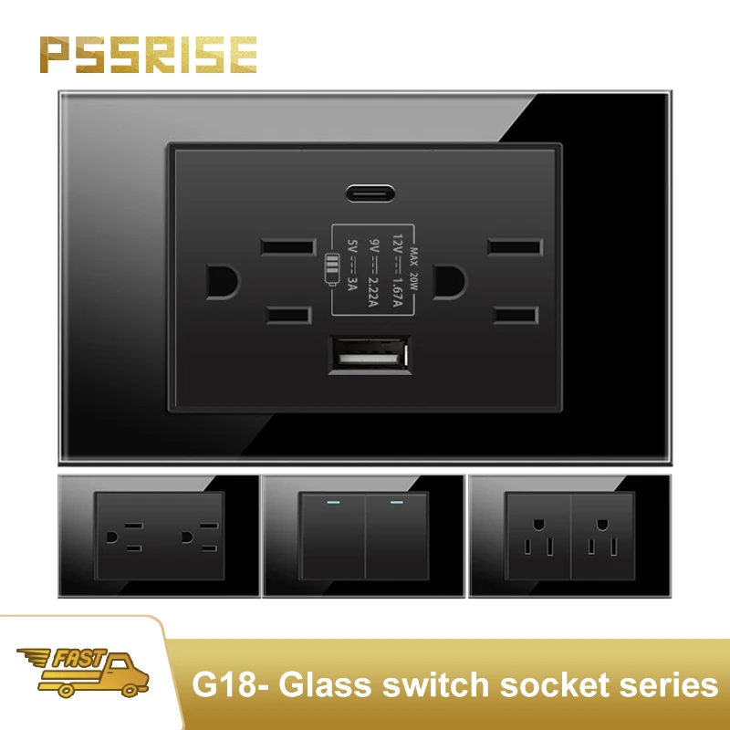

PSSRISE American Power Socket withType-c Quick Charger,Black Tempered Glass Light Switch Panel electric sockets in mexico Thai.