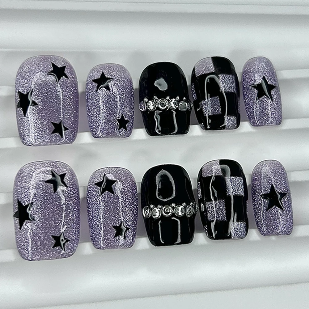 10 Pieces Advanced Spice Girls Y2K Handmade Press On Nails Glitter Purple Cat Eye Nail Art Stars Checkerboard Short Fake Nails