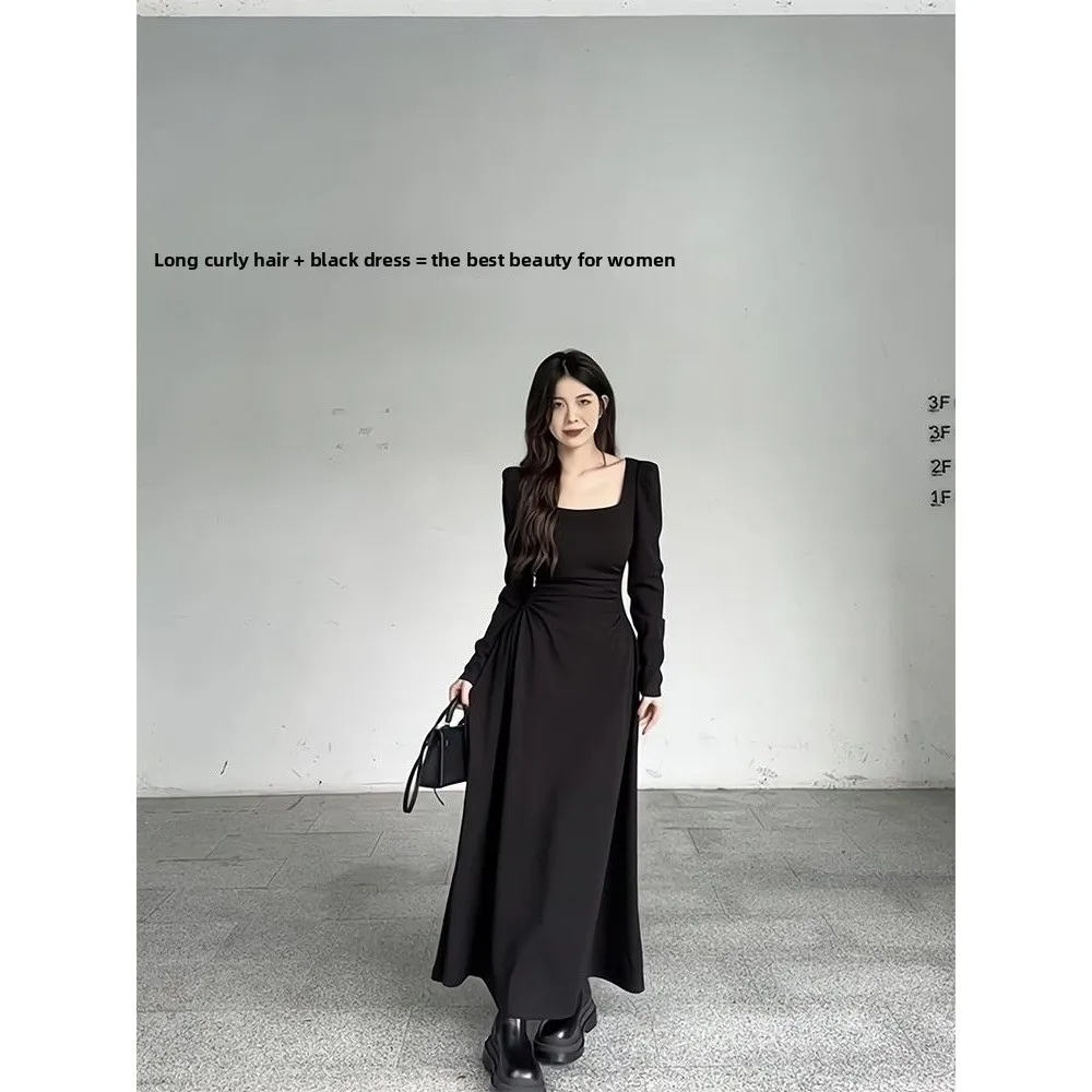 Elegant White Long Sleeve Dress Women's Spring Autumn 2026 New Style Miniature Waist-Cinching A-Line Dress Daily Wear
