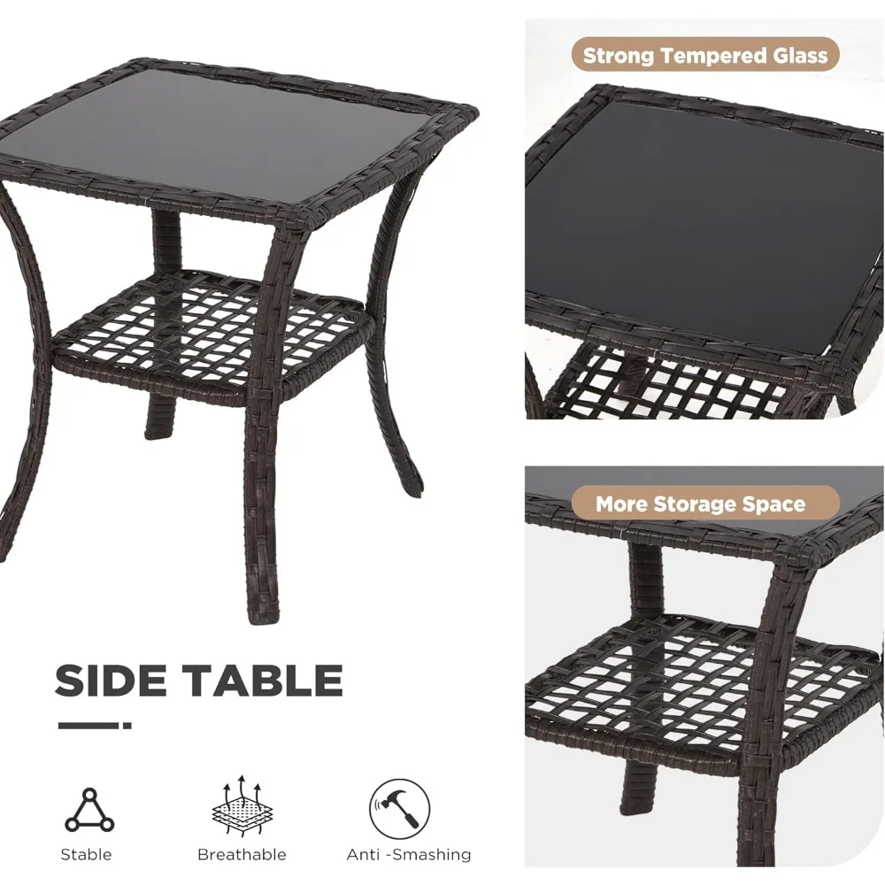 Set Kursi Putar Luar Ruangan 3 Buah, Set Bistro Teras Anyaman dengan Bantal 25D Tebal dan Meja Kopi Kaca, Furnitur Teras C