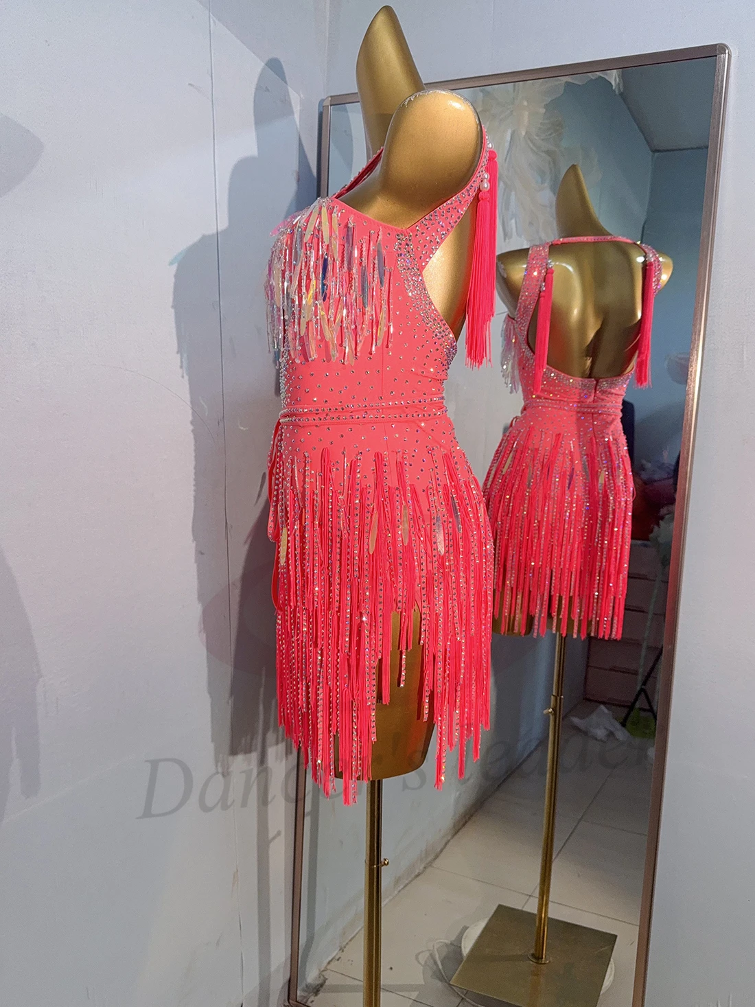 라틴 댄서 성인 어린이 하이 엔드 맞춤형 크리스탈 술 앞 가슴 접합 다이아몬드 바 차차 삼바 라인 석 드레스