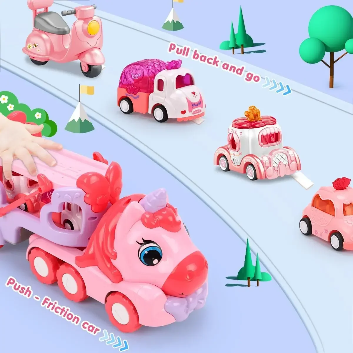 5 in 1 Unicorn Carrier Truck Car Toys for Girls Unicorn Toddler Toys Car Set with Music & Light Birthday Gift for Baby Boys Kids