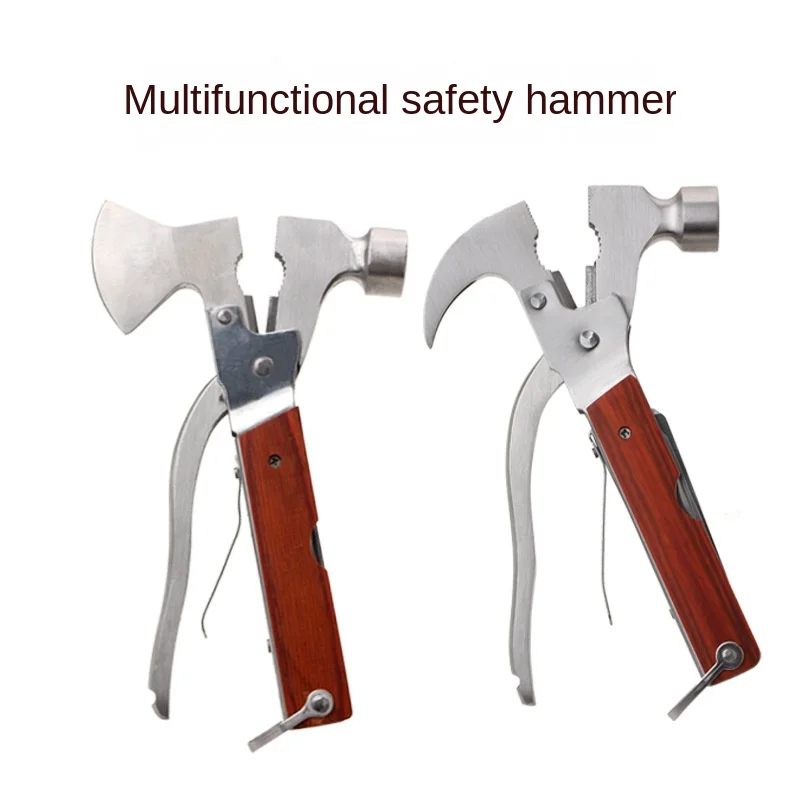 Multi-Functional Car Escape Hammer - Car Window Breaker, Wooden Handle Stainless Steel Safety Hammer, Axe Hammer, Horn Hamme