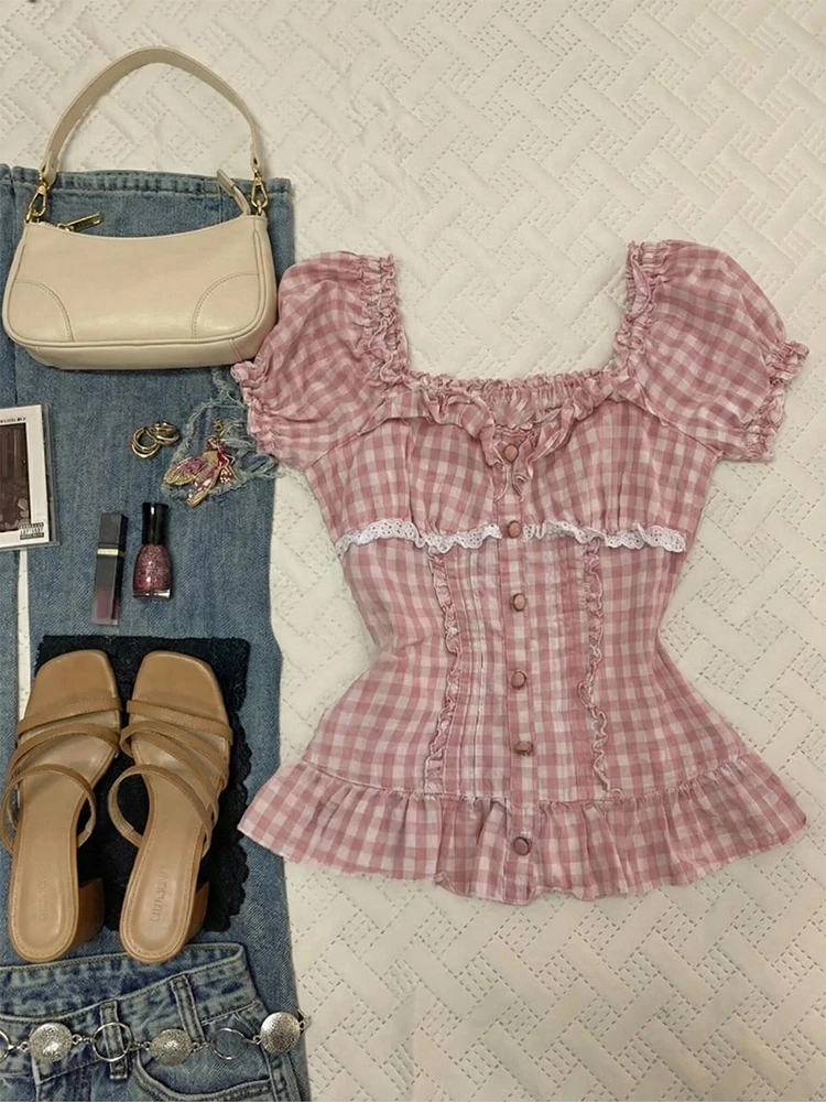 

Original Sweet Style Polka Dot Slim Fit Shirt for Girls Square Collar Bubble Sleeve Cotton Blend Casual Top Summer New Arrival