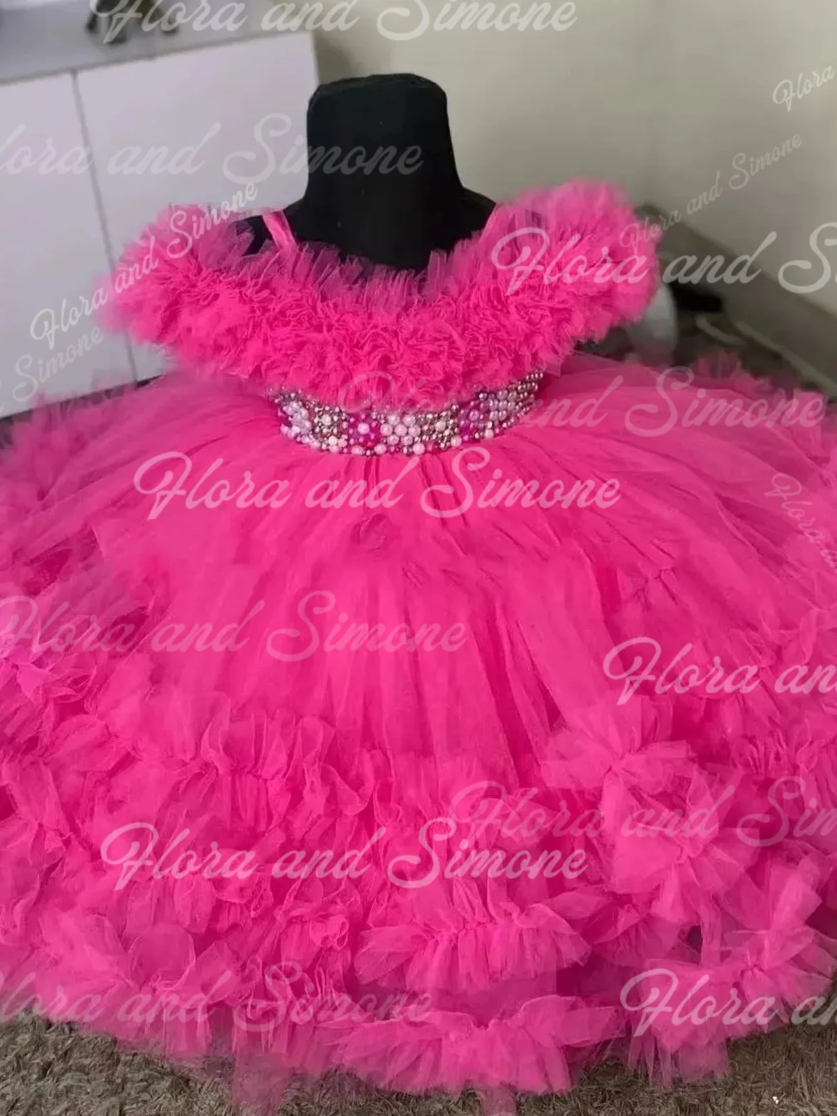 Pink Flower Girl Dress for Wedding Puffy Sequins Applique Tiered Sleeveless Kids Birthday Gowns Luxury Princess Dress Customized