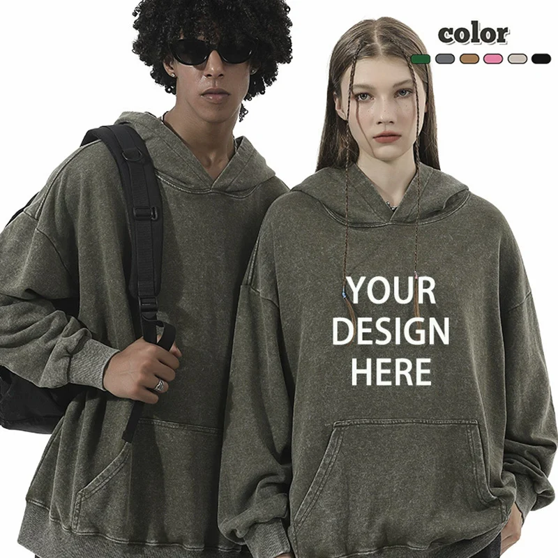 LOGO personalizzato Felpe con cappuccio in cotone 350gsm lavato batik vintage per uomo Felpe con cappuccio Hip Hop larghe pesanti unisex Pullover