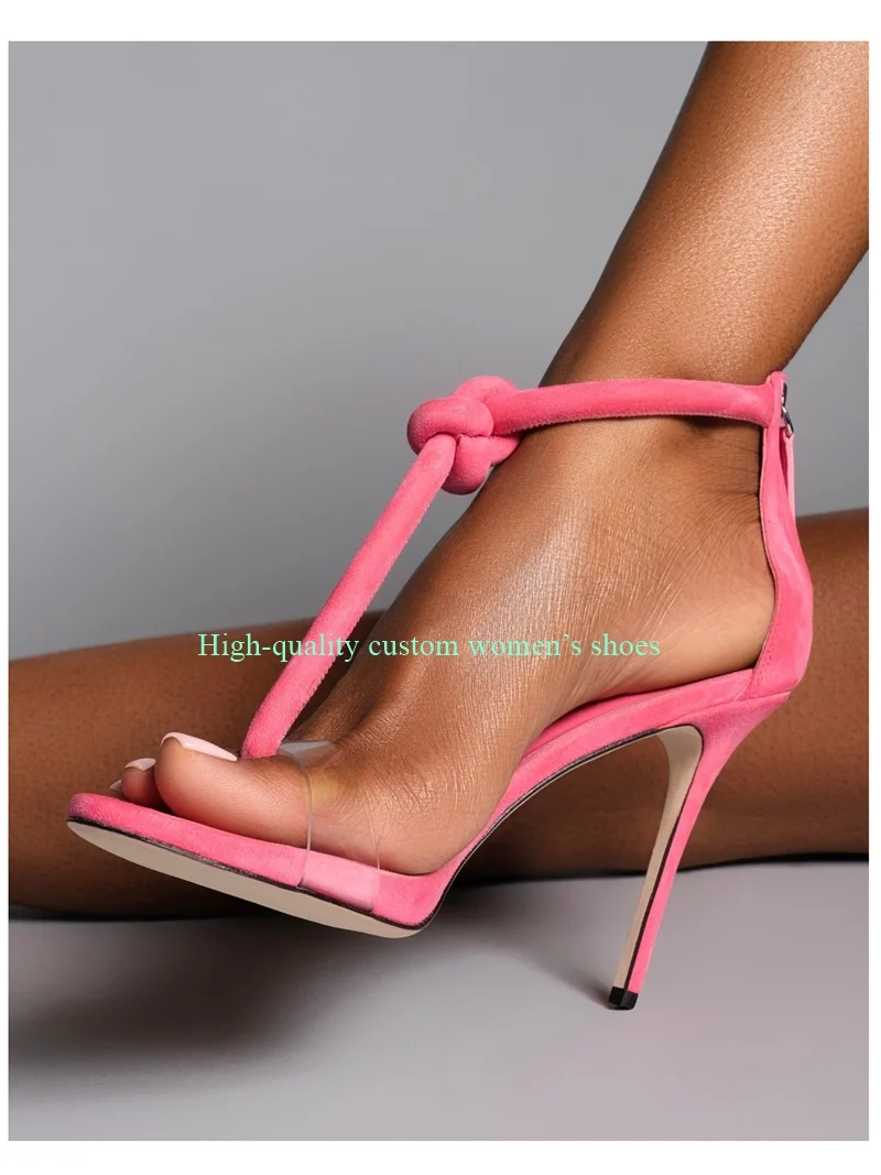 Pink Velvet Fabric Transparent Open-Toe Sandals Single-Strap Rhinestone Ankle Binding Runway Show High Heel Custom Model
