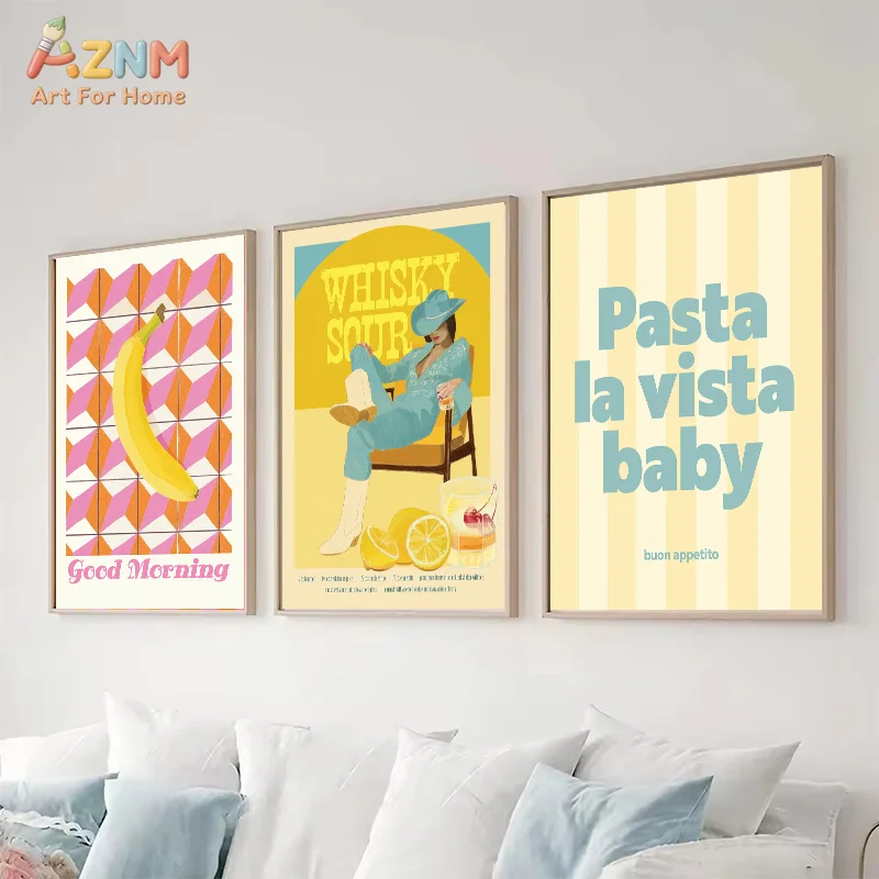 AZNM Retro Cocktail Cowgirl Canvas Wall Art Pastel Fruit Vintage Drink Poster Bar Kitchen Aesthetic Room Decor Unframed